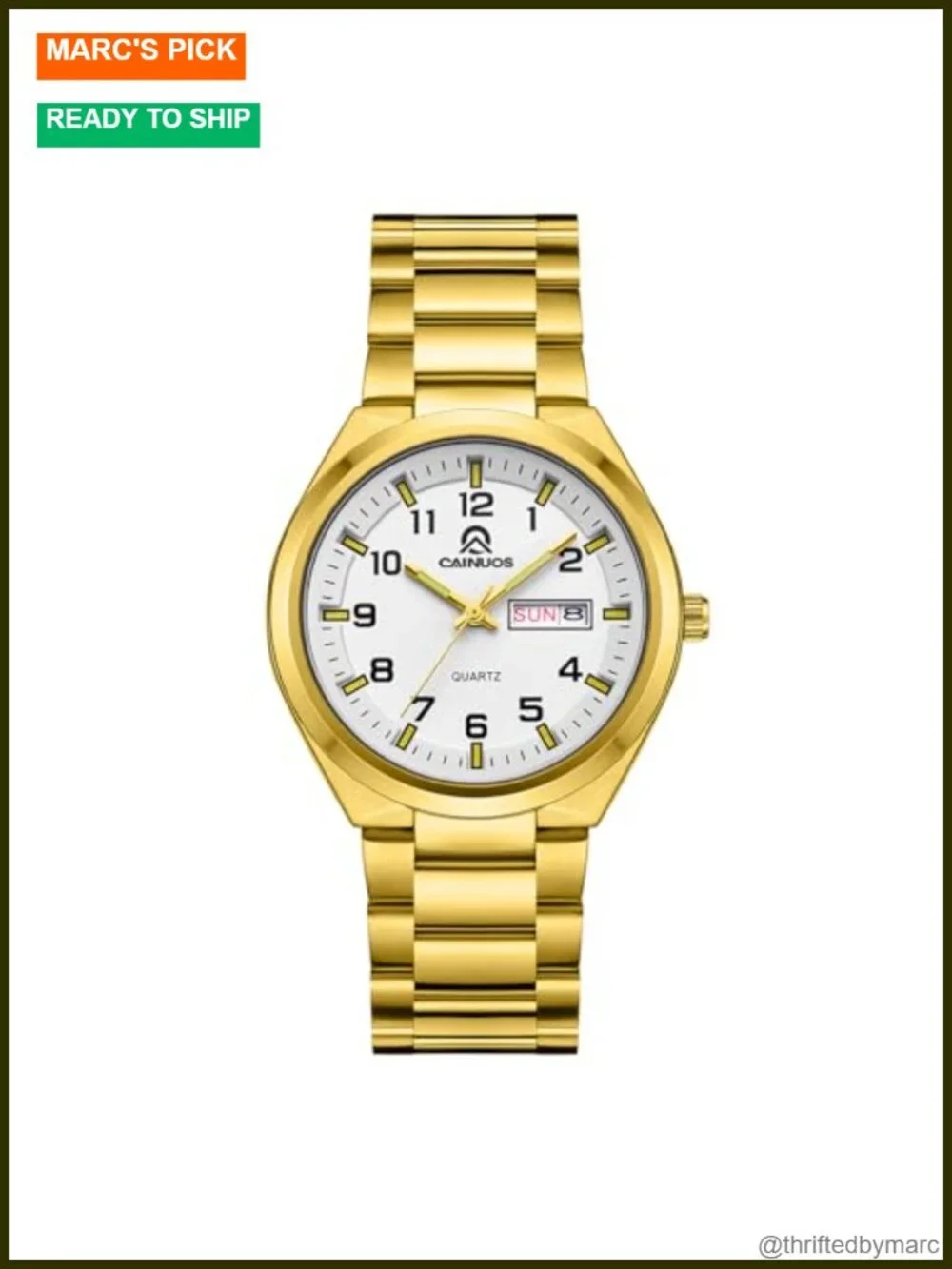 Quartz Analog Watch with Day-Date Display, Gold Stainless Steel Bracelet, Water